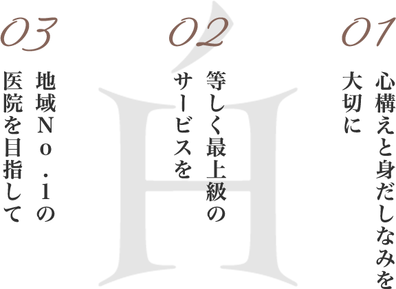 01心構えと身だしなみを大切に 02等しく最上級のサービスを 03地域No.1の医院を目指して